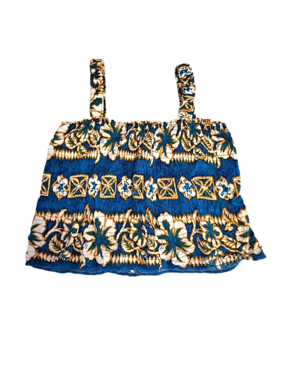 VTG Blue Gold Hawaiian Two Piece Top & Wrap Skirt‎ Cover Up Swim Set *One Size